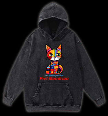 Cat: Piet Mondrian Vibe Vintage Washed 100% Cotton Hoodie