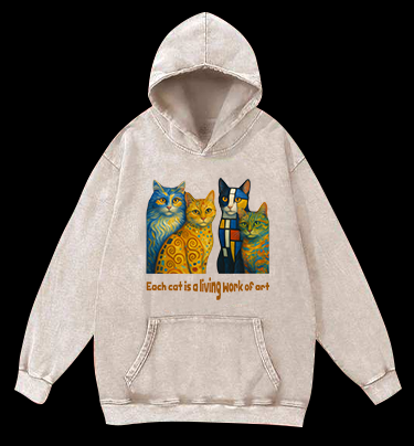 Artistic Cat Charm Vintage Washed 100% Cotton Hoodie