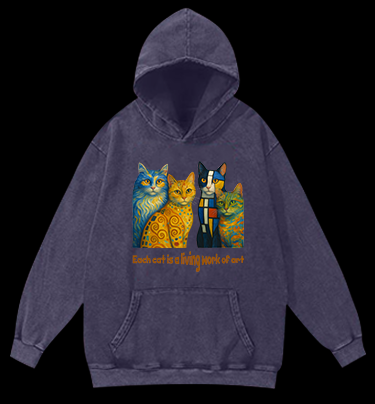 Artistic Cat Charm Vintage Washed 100% Cotton Hoodie