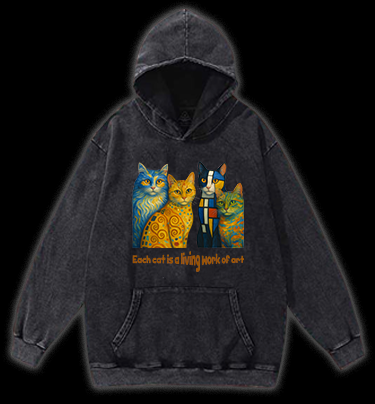 Artistic Cat Charm Vintage Washed 100% Cotton Hoodie