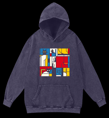 Cat's Mondrian Vibe Vintage Washed 100% Cotton Hoodie
