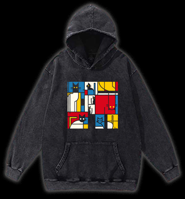Cat's Mondrian Vibe Vintage Washed 100% Cotton Hoodie