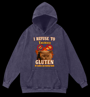 Cat Hates Gluten Vintage Washed 100% Cotton Hoodie