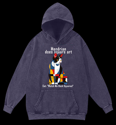 Cat's Mondrian Style Vintage Washed 100% Cotton Hoodie