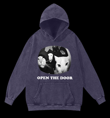 Cats Open Door Fun Vintage Washed 100% Cotton Hoodie