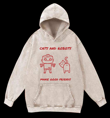 Cat & Robot Fun Vintage Washed 100% Cotton Hoodie
