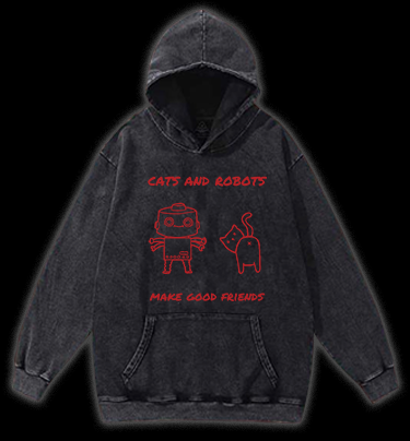 Cat & Robot Fun Vintage Washed 100% Cotton Hoodie