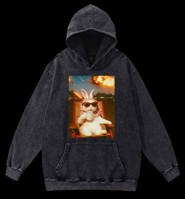 Apocalypse Bunny Chill With Coffee Vintage Washed 100% Cotton Hoodie