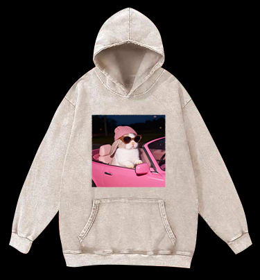 Fashion Bunny Cruising In Pink Car Vintage Washed 100% Cotton Hoodie