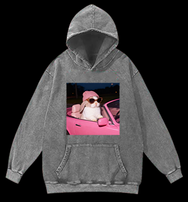 Fashion Bunny Cruising In Pink Car Vintage Washed 100% Cotton Hoodie