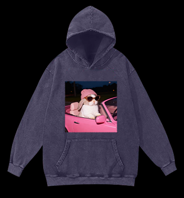 Fashion Bunny Cruising In Pink Car Vintage Washed 100% Cotton Hoodie