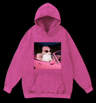 Fashion Bunny Cruising In Pink Car Vintage Washed 100% Cotton Hoodie