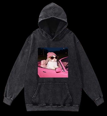 Fashion Bunny Cruising In Pink Car Vintage Washed 100% Cotton Hoodie