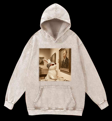 Art Aficionado Bunny In Gallery Vintage Washed 100% Cotton Hoodie