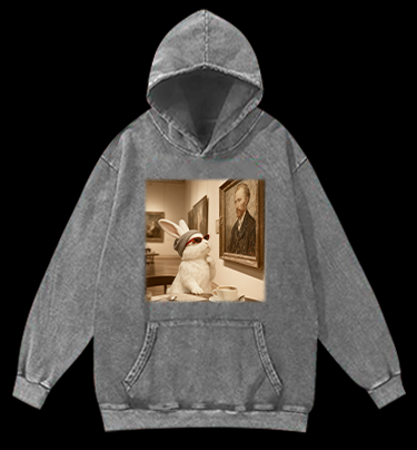 Art Aficionado Bunny In Gallery Vintage Washed 100% Cotton Hoodie