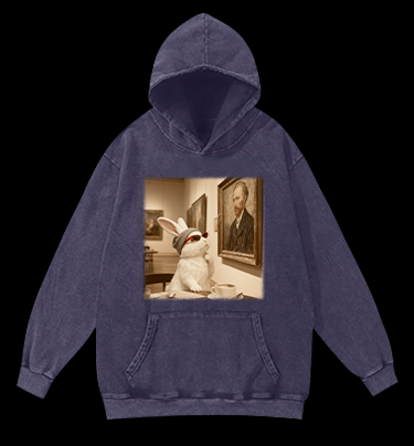 Art Aficionado Bunny In Gallery Vintage Washed 100% Cotton Hoodie