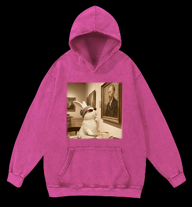 Art Aficionado Bunny In Gallery Vintage Washed 100% Cotton Hoodie