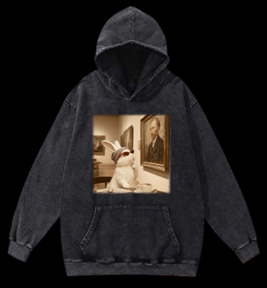 Art Aficionado Bunny In Gallery Vintage Washed 100% Cotton Hoodie
