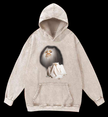 Ghost Cat Vintage Washed 100% Cotton Hoodie