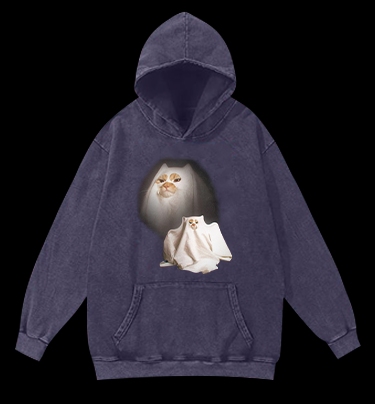 Ghost Cat Vintage Washed 100% Cotton Hoodie