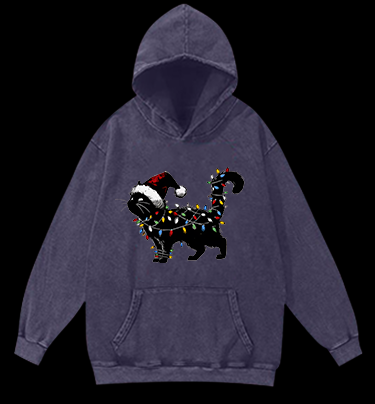 Christmas Light Cat Vintage Washed 100% Cotton Hoodie