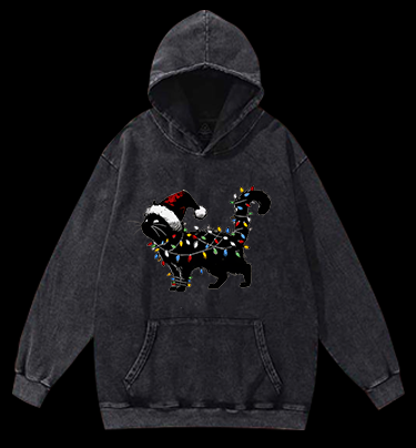 Christmas Light Cat Vintage Washed 100% Cotton Hoodie