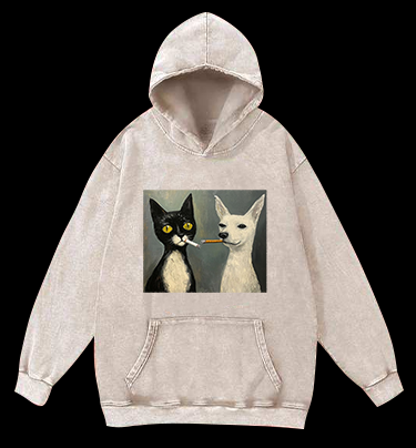 Cat Smoking In Oil Art Vintage Washed 100% Cotton Hoodie