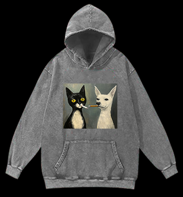 Cat Smoking In Oil Art Vintage Washed 100% Cotton Hoodie