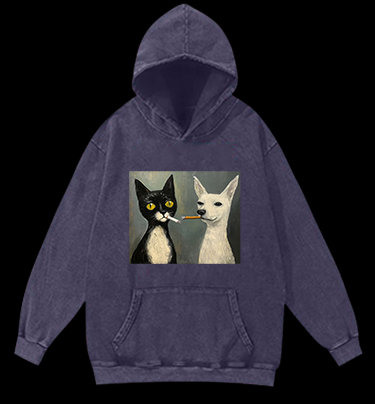 Cat Smoking In Oil Art Vintage Washed 100% Cotton Hoodie