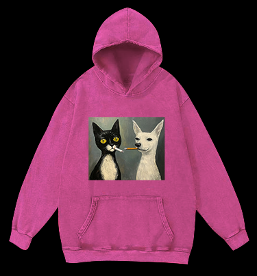 Cat Smoking In Oil Art Vintage Washed 100% Cotton Hoodie