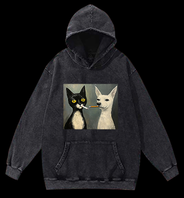 Cat Smoking In Oil Art Vintage Washed 100% Cotton Hoodie