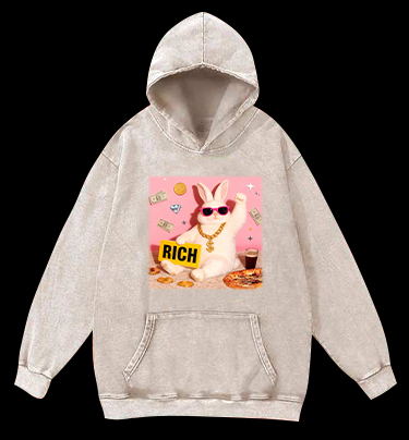 Rabbit!Suddenly Struck It Rich Vintage Washed 100% Cotton Hoodie