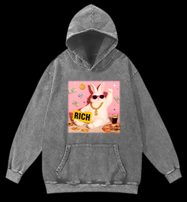 Rabbit!Suddenly Struck It Rich Vintage Washed 100% Cotton Hoodie