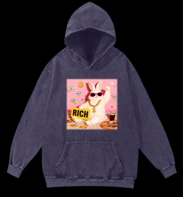 Rabbit!Suddenly Struck It Rich Vintage Washed 100% Cotton Hoodie