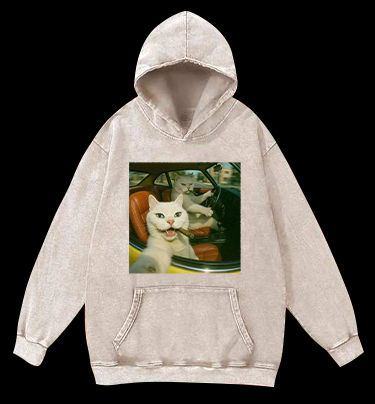 Cool Cats on the Road Vintage Washed 100% Cotton Hoodie
