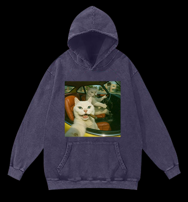 Cool Cats on the Road Vintage Washed 100% Cotton Hoodie