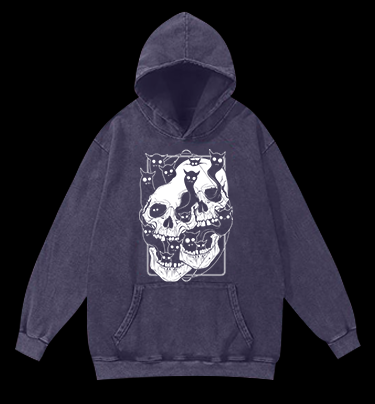 Skull Cats Vintage Washed 100% Cotton Hoodie
