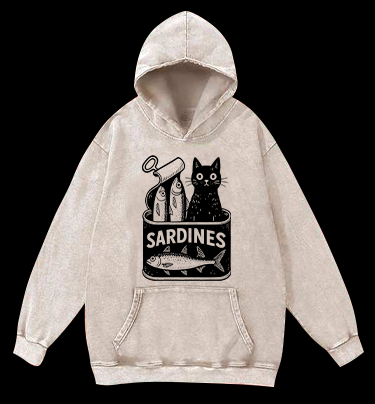 Sardines Can Black Cat Vintage Washed 100% Cotton Hoodie