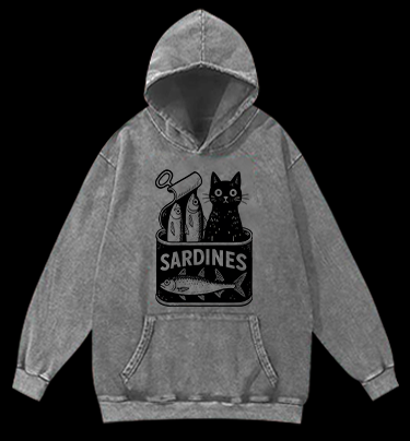 Sardines Can Black Cat Vintage Washed 100% Cotton Hoodie