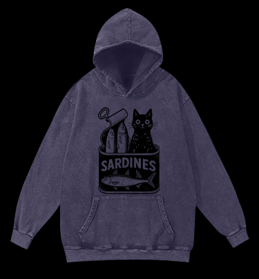 Sardines Can Black Cat Vintage Washed 100% Cotton Hoodie