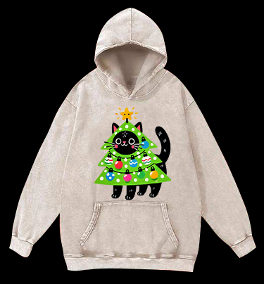 Christmas Cat Tree Vintage Washed 100% Cotton Hoodie