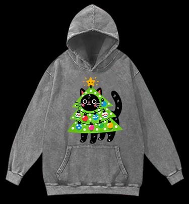 Christmas Cat Tree Vintage Washed 100% Cotton Hoodie