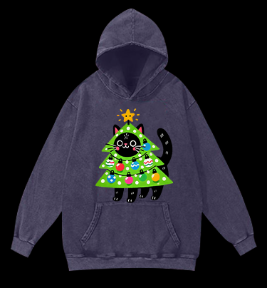 Christmas Cat Tree Vintage Washed 100% Cotton Hoodie
