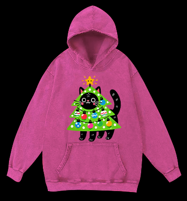 Christmas Cat Tree Vintage Washed 100% Cotton Hoodie