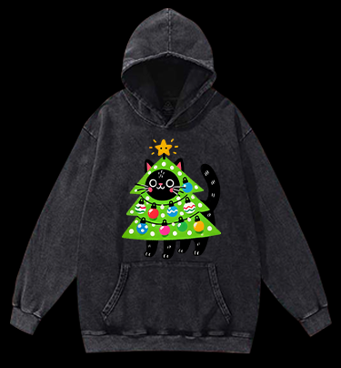 Christmas Cat Tree Vintage Washed 100% Cotton Hoodie