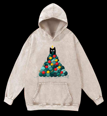 Black Cat Christmas Tree Vintage Washed 100% Cotton Hoodie