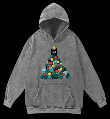 Black Cat Christmas Tree Vintage Washed 100% Cotton Hoodie