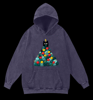 Black Cat Christmas Tree Vintage Washed 100% Cotton Hoodie