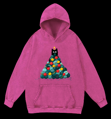 Black Cat Christmas Tree Vintage Washed 100% Cotton Hoodie