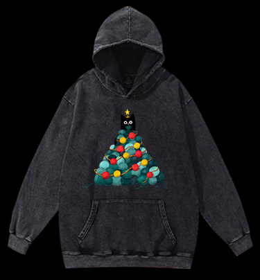 Black Cat Christmas Tree Vintage Washed 100% Cotton Hoodie